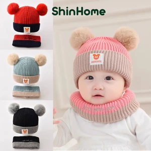 Mũ len kèm khăn ống quả bông dày dặn Mickey cho bé trai bé gái sơ sinh 0-2 tuổi ShinHome