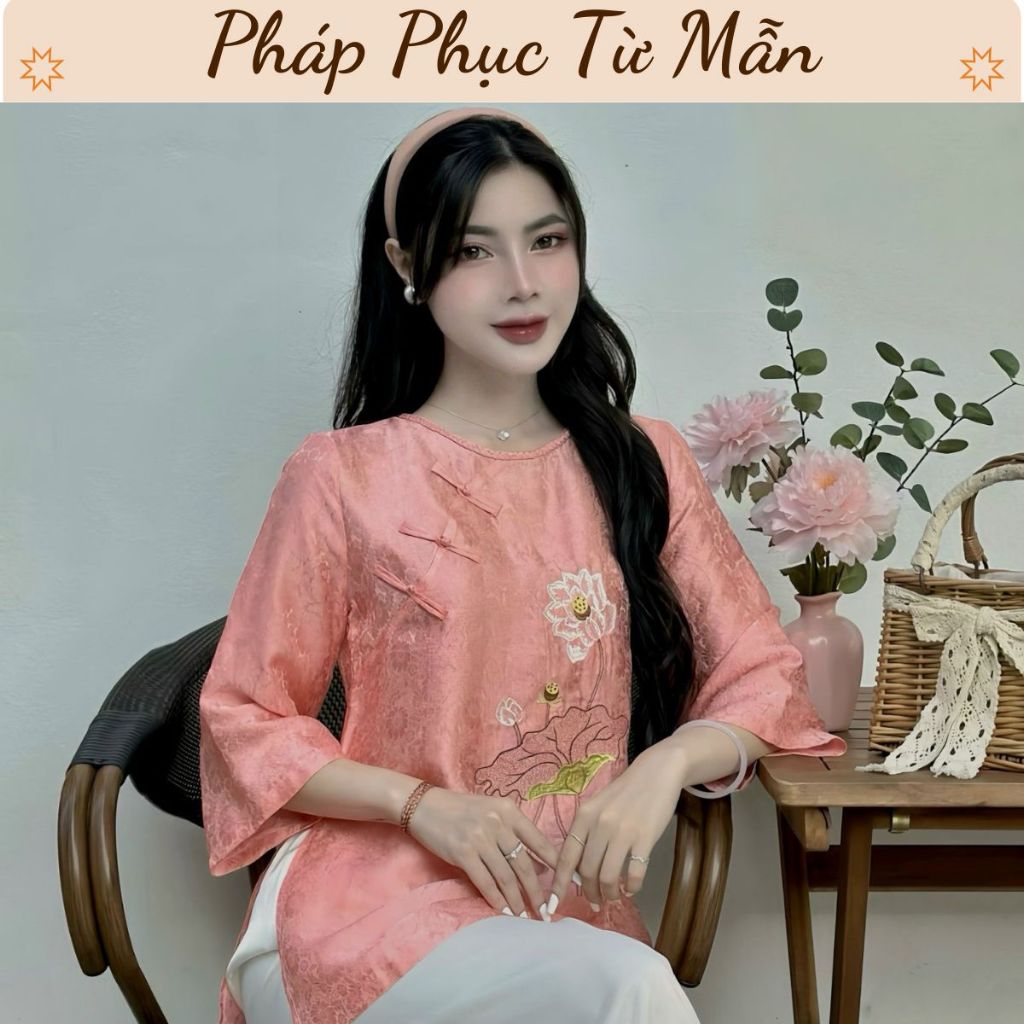 Pháp phục đi chùa cổ tết khuy chéo thêu hoa sen lụa tằm nha xá Bộ lam đi chùa cổ tròn tay lỡ Đồ lam nữ cách tân