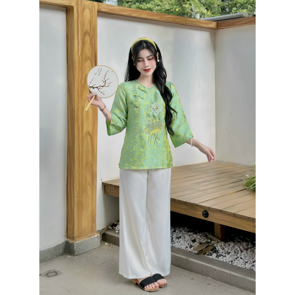 Pháp phục đi chùa cổ tết khuy chéo thêu hoa sen lụa tằm nha xá Bộ lam đi chùa cổ tròn tay lỡ Đồ lam nữ cách tân