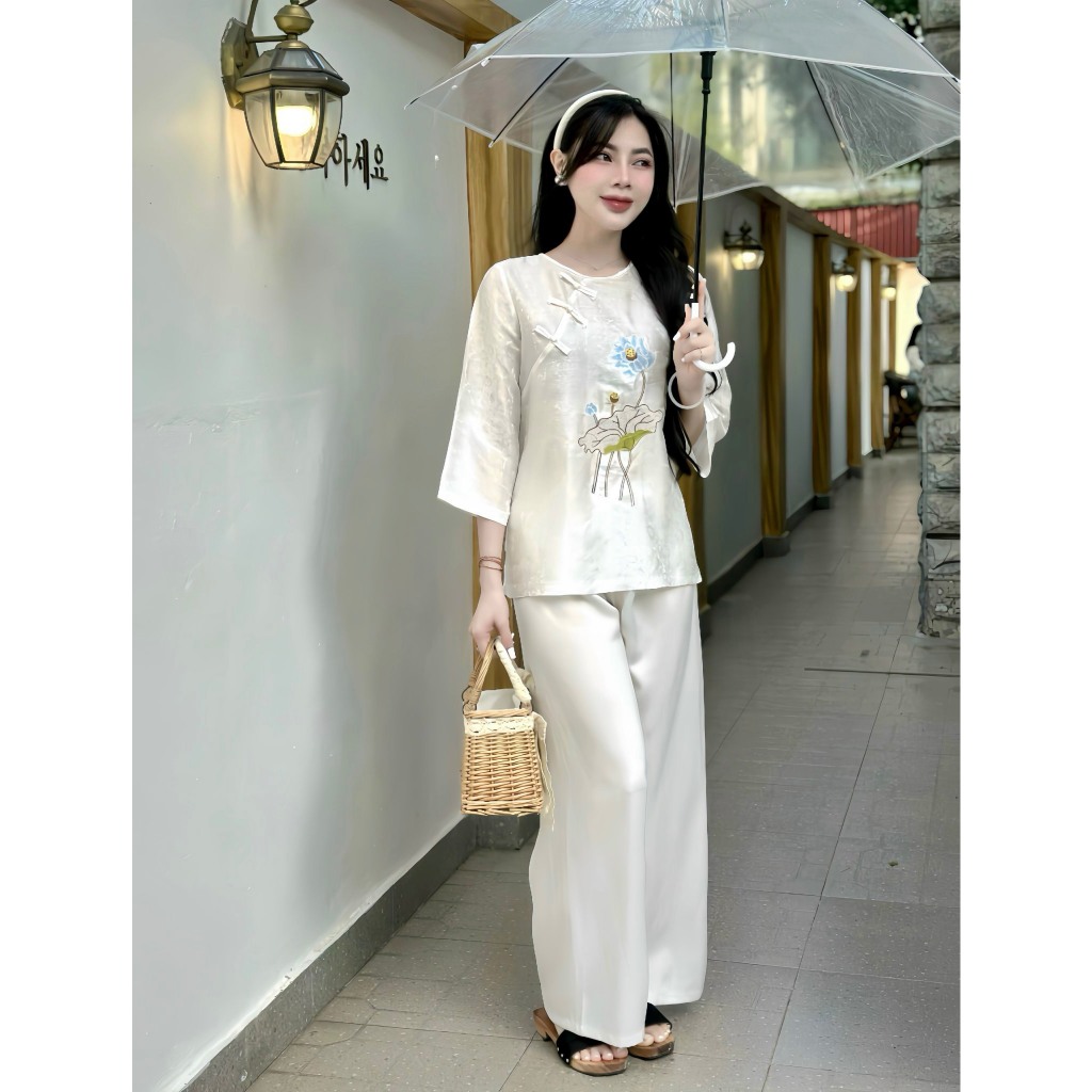 Pháp phục đi chùa cổ tết khuy chéo thêu hoa sen lụa tằm nha xá Bộ lam đi chùa cổ tròn tay lỡ Đồ lam nữ cách tân