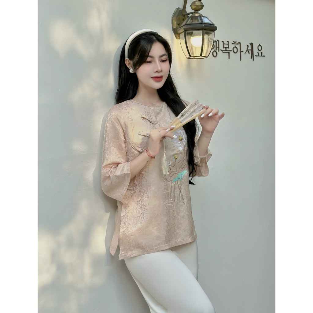 Pháp phục đi chùa cổ tết khuy chéo thêu hoa sen lụa tằm nha xá Bộ lam đi chùa cổ tròn tay lỡ Đồ lam nữ cách tân