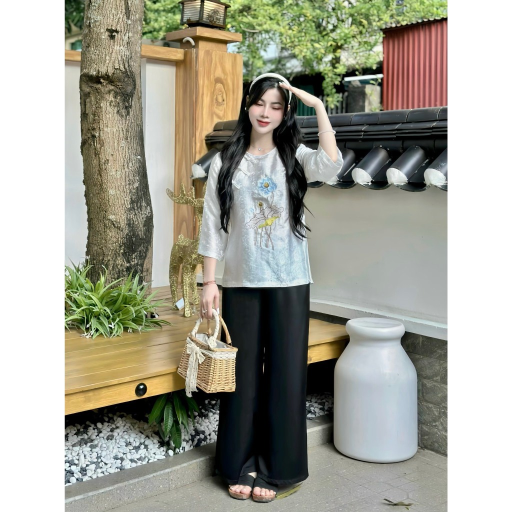 Pháp phục đi chùa cổ tết khuy chéo thêu hoa sen lụa tằm nha xá Bộ lam đi chùa cổ tròn tay lỡ Đồ lam nữ cách tân