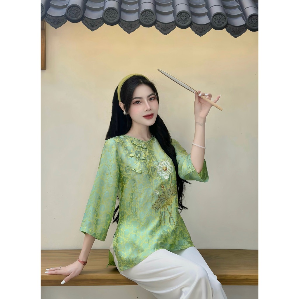 Pháp phục đi chùa cổ tết khuy chéo thêu hoa sen lụa tằm nha xá Bộ lam đi chùa cổ tròn tay lỡ Đồ lam nữ cách tân
