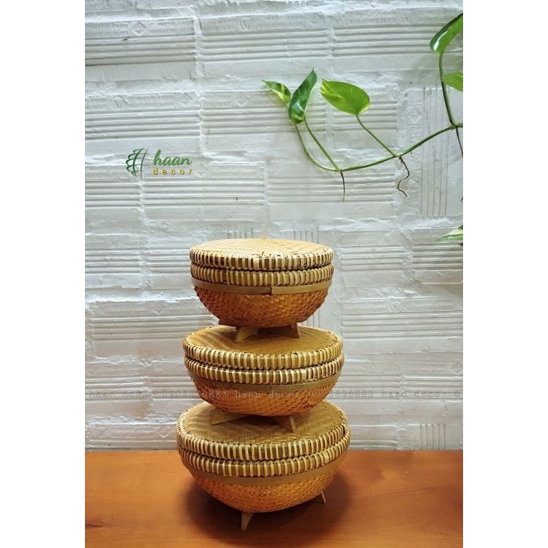 Thúng tre nhỏ đựng đồ, decor; Thúng tre có nắp, có chân đan thủ công ...