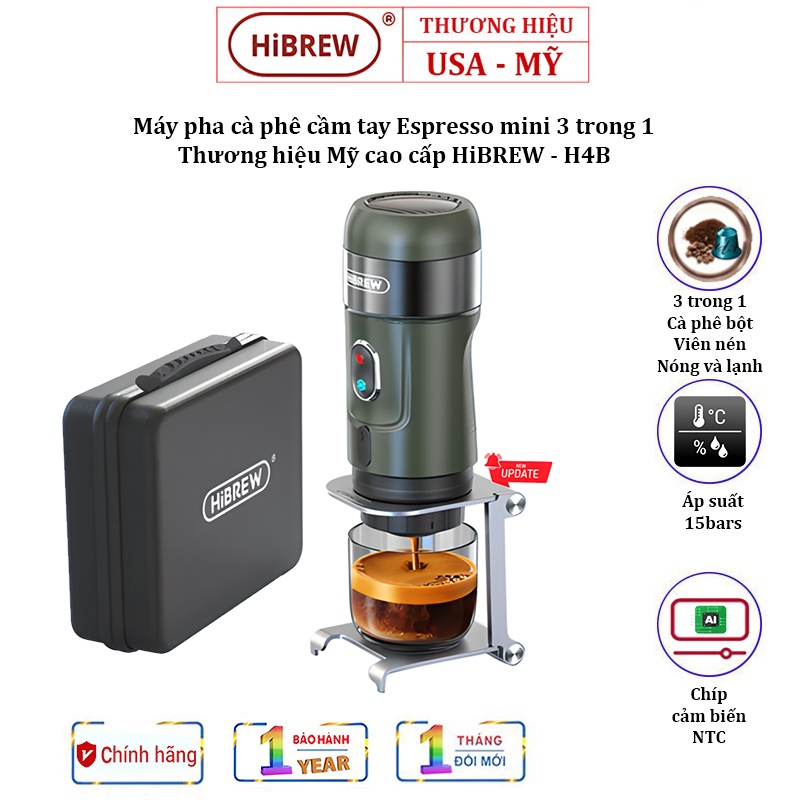 Máy pha cà phê cầm tay Espresso 3 trong 1, thương hiệu Mỹ HiBREW cao ...