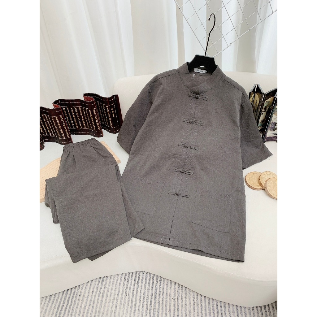 Bộ đồ lam đi chùa cho nam cộc tay vải đũi cao cấp, Pháp phục nam đi chùa sang trọng Đồ bộ phật tử cho nam cổ áo lãnh