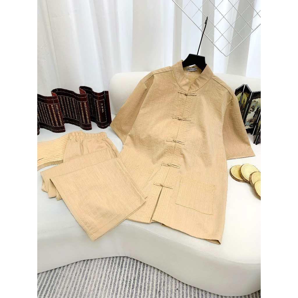 Bộ đồ lam đi chùa cho nam cộc tay vải đũi cao cấp, Pháp phục nam đi chùa sang trọng Đồ bộ phật tử cho nam cổ áo lãnh