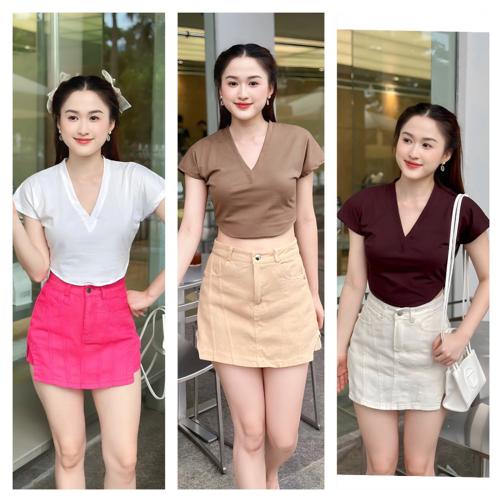 Áo phông cổ tim Croptop chất cotton mát phong cách Hàn Quốc A135