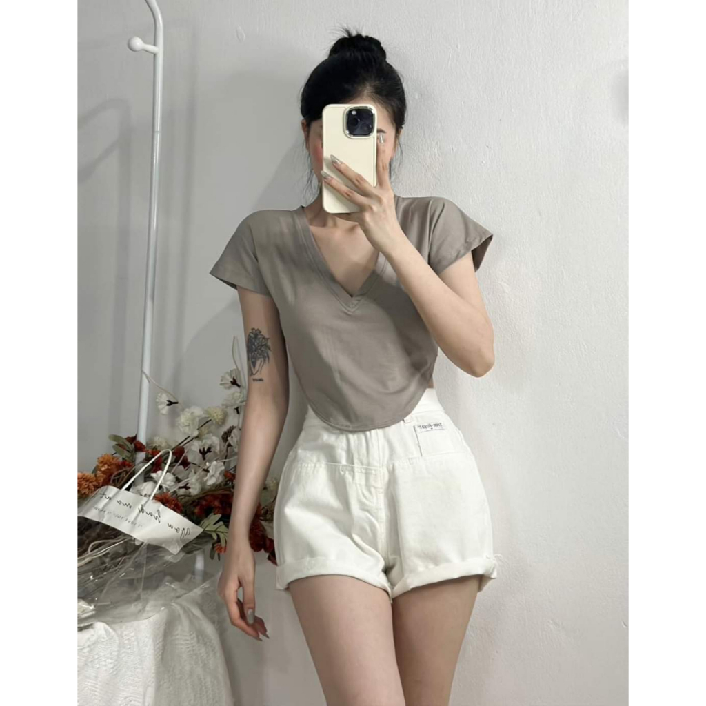 Áo phông cổ tim Croptop chất cotton mát phong cách Hàn Quốc A135