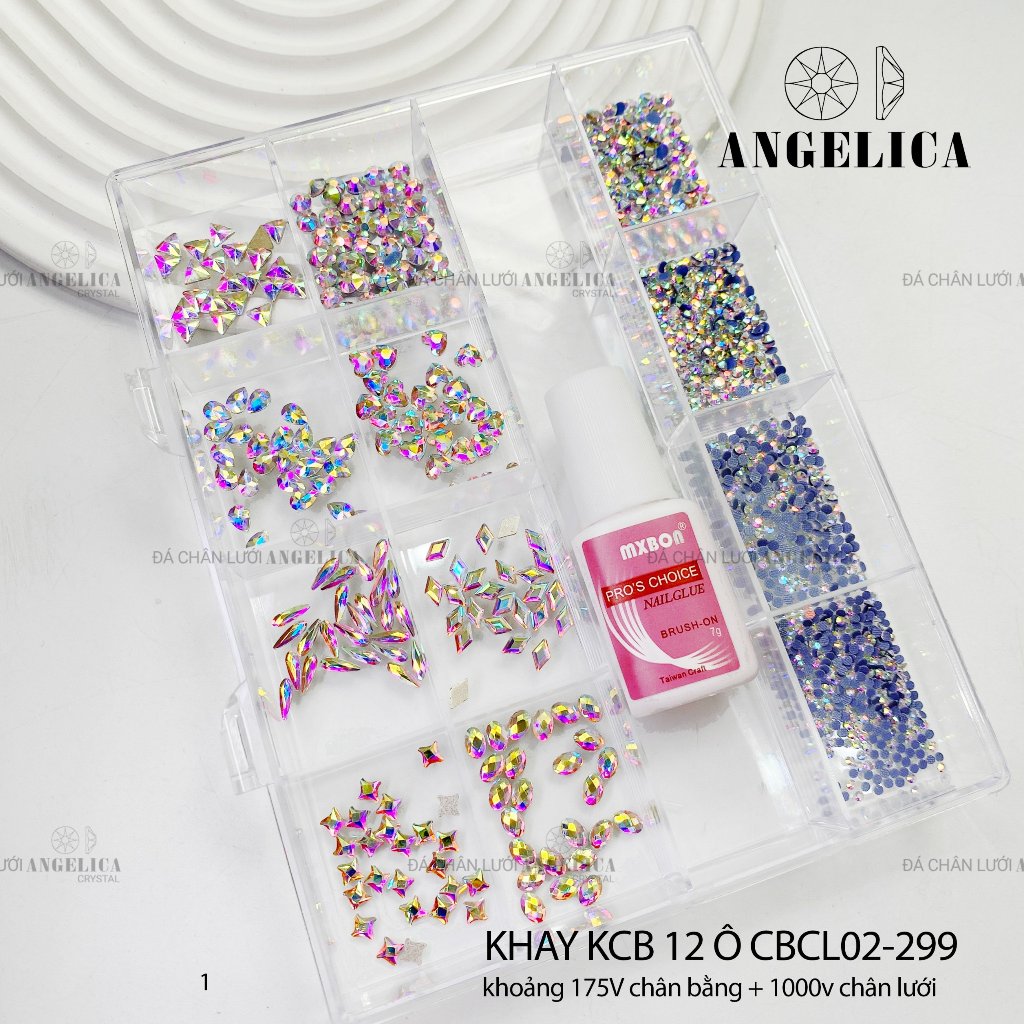 Khay đá nails chân bằng kèm keo size mini đá đính nail nhỏ màu trắng, vàng trà, xà cừ trang trí móng ANGELICA KCBMN