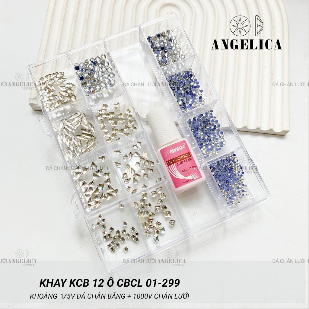 Khay đá nails chân bằng kèm keo size mini đá đính nail nhỏ màu trắng, vàng trà, xà cừ trang trí móng ANGELICA KCBMN