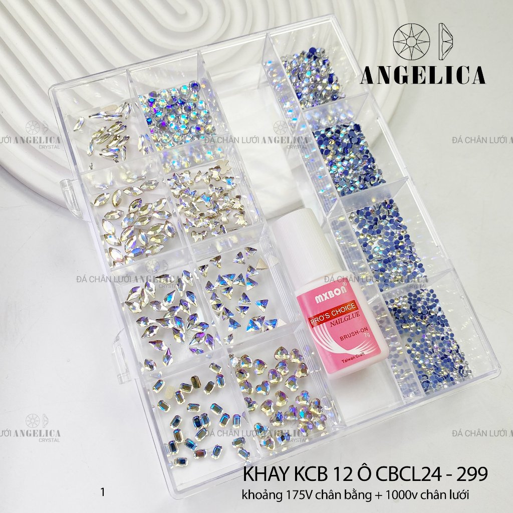 Khay đá nails chân bằng kèm keo size mini đá đính nail nhỏ màu trắng, vàng trà, xà cừ trang trí móng ANGELICA KCBMN