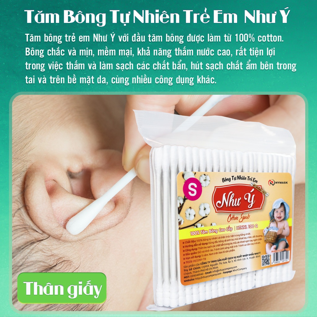 Combo 3 bịch tăm bông trẻ em Như Ý Company thân giấy - Bịch 100 cây
