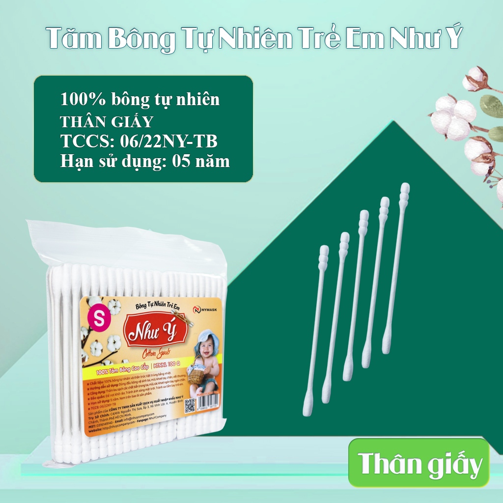 Combo 3 bịch tăm bông trẻ em Như Ý Company thân giấy - Bịch 100 cây