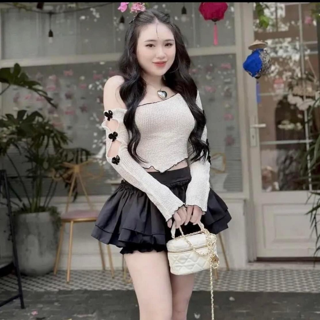 Set Áo Lệch Vai Đính Nơ Tay + Chân Váy Xoè Tầng, Set Đồ Nữ Dự Tiệc Sang Chảnh A48