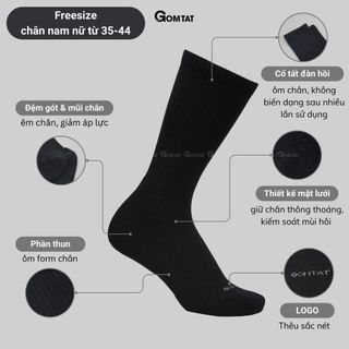 Combo 5 đôi tất đen nam nữ GOMTAT có đệm xù êm chân, sợi cotton dày dặn, khử mùi kháng khuẩn - STA-5009-CB5