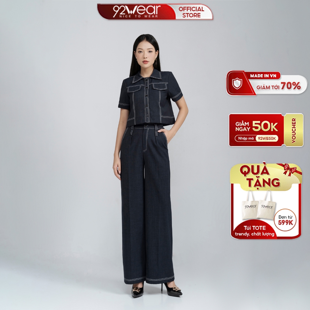 Set áo croptop và quần suông 92wear thiết kế màu bò đậm trần chỉ, đứng form, co giãn nhẹ WSN2305
