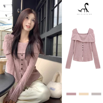Áo len trễ vai N&L Clothing Áo len tay dài Áo len kiểu Áo len cổ vuông Áo len nữ phong cách sang chảnh A002