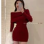 Váy len body trễ vai LOKOSA Váy Dự Tiệc Phong Cách Hàn Quốc Tay Dài Chất Len Màu Đỏ VD007
