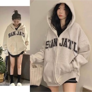 Áo hoodie zip khoác nỉ bông nữ nam tay bồng form rộng KONOVA chất liệu dày dặn in chữ SANJATL