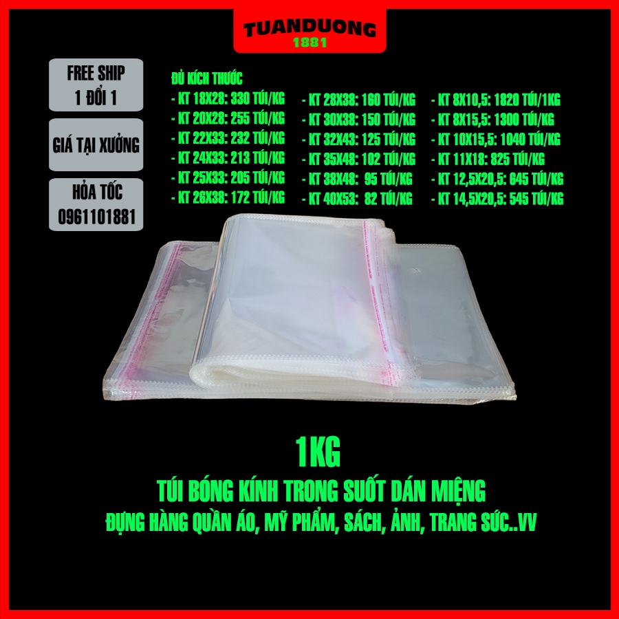 Túi bóng kính dán miệng 1KG, túi bóng kiếng đựng quần áo, túi nilon tự ...