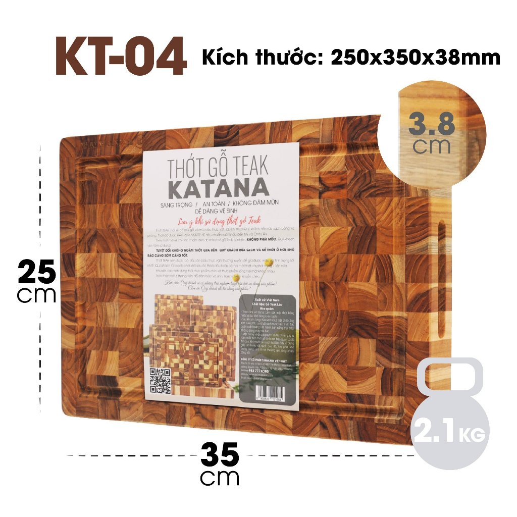 Thớt Băm Chặt Thái Bằng Gỗ Teak Cao Cấp KATANA Chính Hãng Cỡ Lớn Size Dày 3.8cm - KT04 25x35x3.8cm