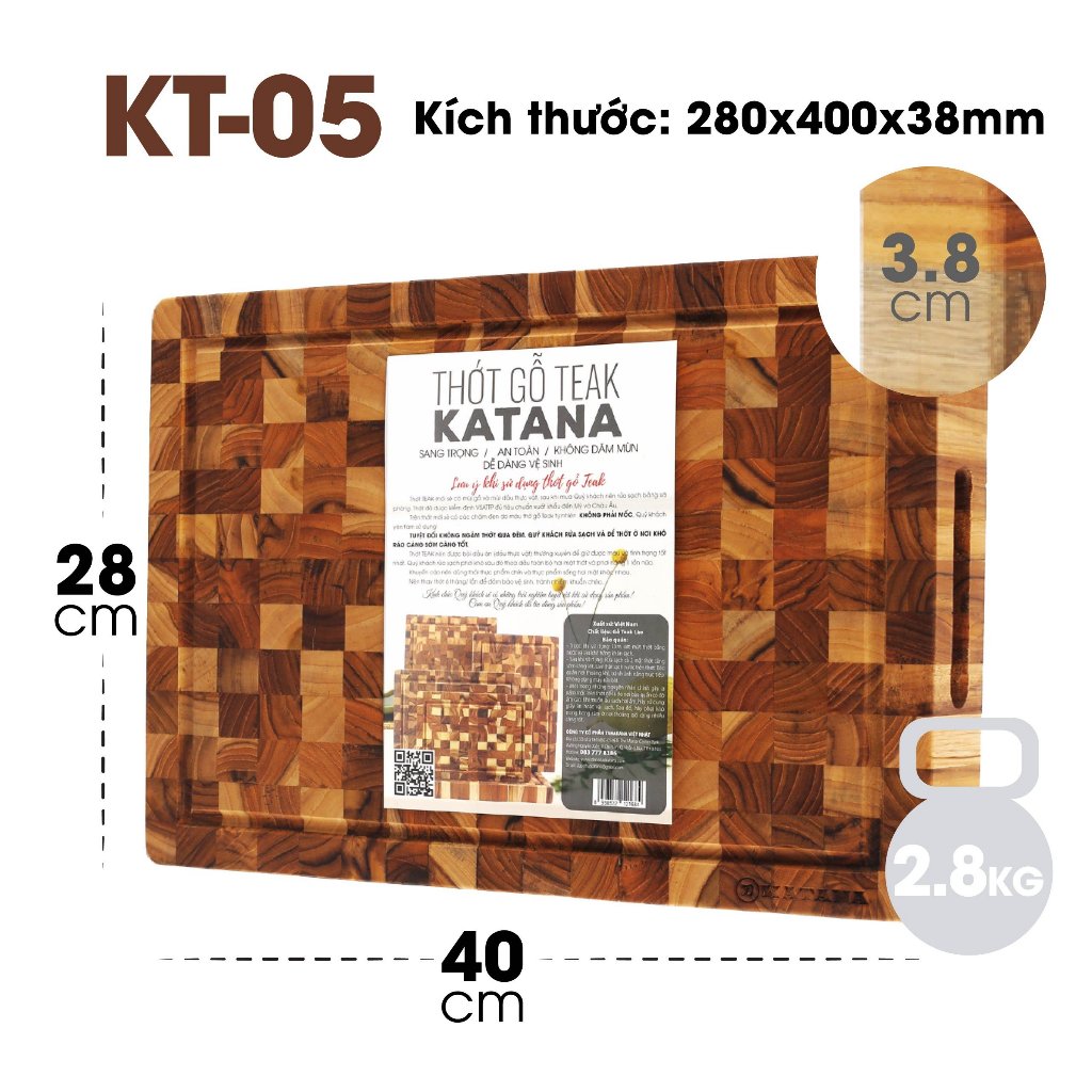 Thớt Băm Chặt Thái Bằng Gỗ Teak KATANA Size Lớn Nhất Dày 3.8cm - KT05 280x400x38mm