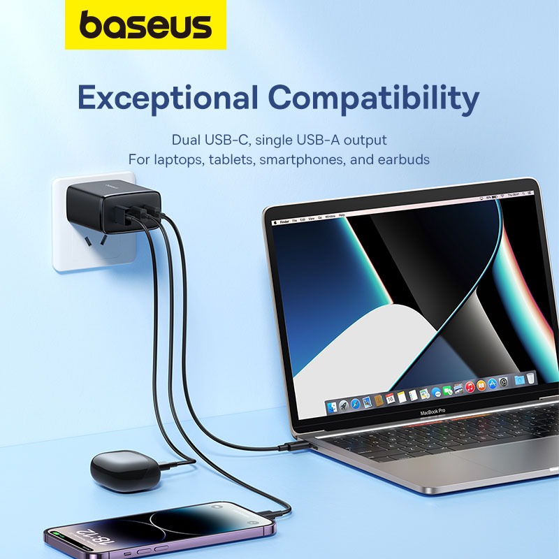 Củ Sạc Nhanh BASEUS USB C 65W GaN Thích Hợp cho Máy Tính Xách điện Thoại Thông Minh 2C+USB 3 Cổng cho phon15 14 13