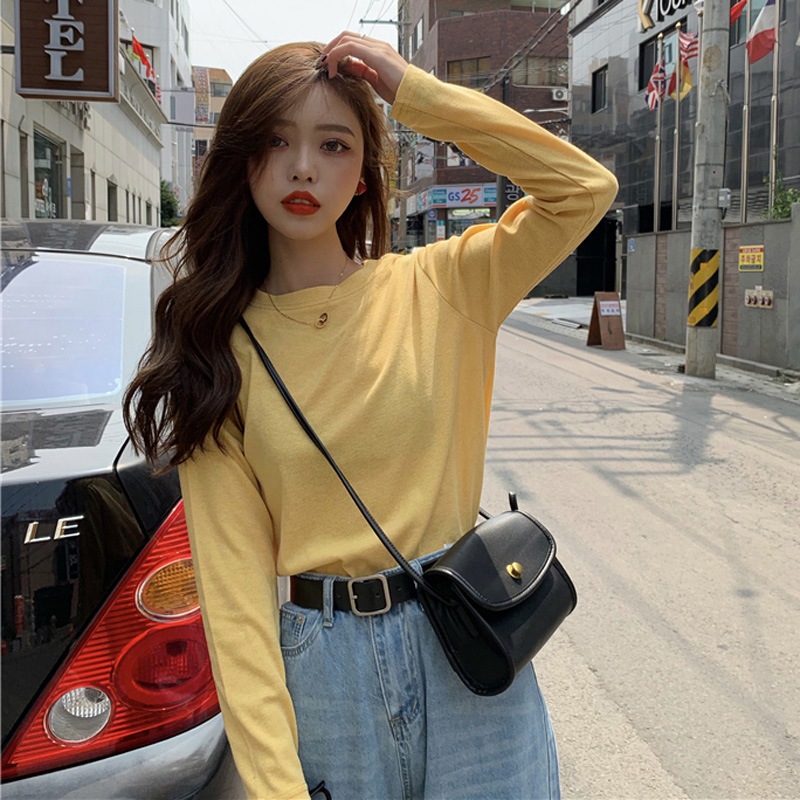 Áo thun tay dài cổ tròn nữ JULY, Áo phông nữ dài tay dáng rộng chất xược cotton, thun giấy