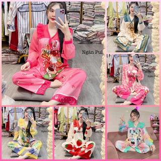 Đồ ngủ, đồ bộ chất liệu lụa xước phối voan tơ thiết kế dễ thương tay dài từ 40-62kí