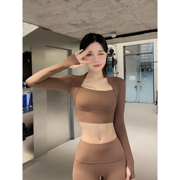 Áo tập dài tay giả 2 lớp Fit Her kèm mút ngực chất thun spandex