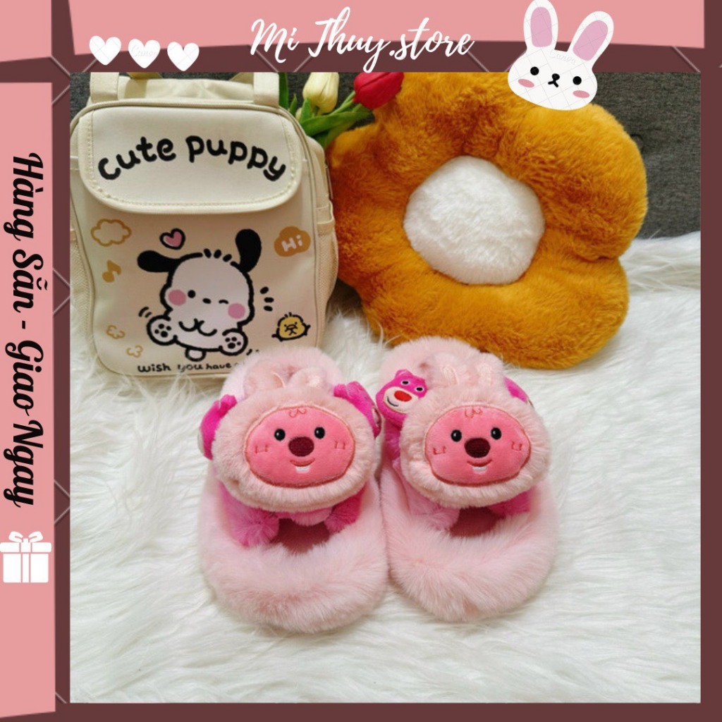 (Chọn chuẩn size) Dép nữ dép lông dép bông chéo quai sticker hải ly ...