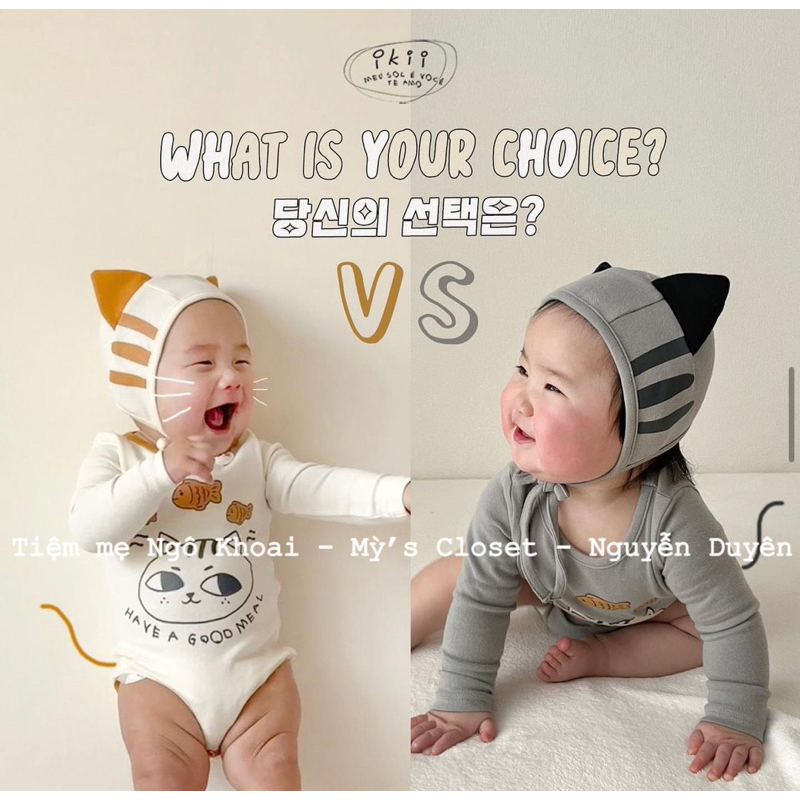 [MD50] Bodysuit/ áo liền quần kèm mũ hoạ tiết mèo xinh trắng/ xám cho bé yêu NGÔ KHOAI MỲ