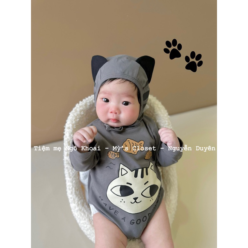 [MD50] Bodysuit/ áo liền quần kèm mũ hoạ tiết mèo xinh trắng/ xám cho bé yêu NGÔ KHOAI MỲ