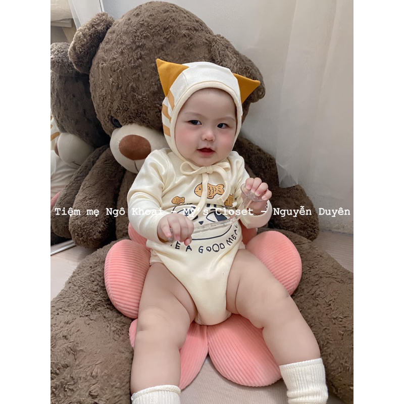 [MD50] Bodysuit/ áo liền quần kèm mũ hoạ tiết mèo xinh trắng/ xám cho bé yêu NGÔ KHOAI MỲ