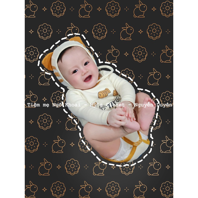 [MD50] Bodysuit/ áo liền quần kèm mũ hoạ tiết mèo xinh trắng/ xám cho bé yêu NGÔ KHOAI MỲ