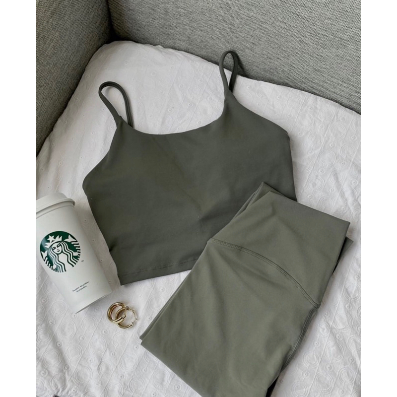 Set tập Gym, Yoga 2 dây màu xanh rêu chất liệu co dãn & siêu thấm hút