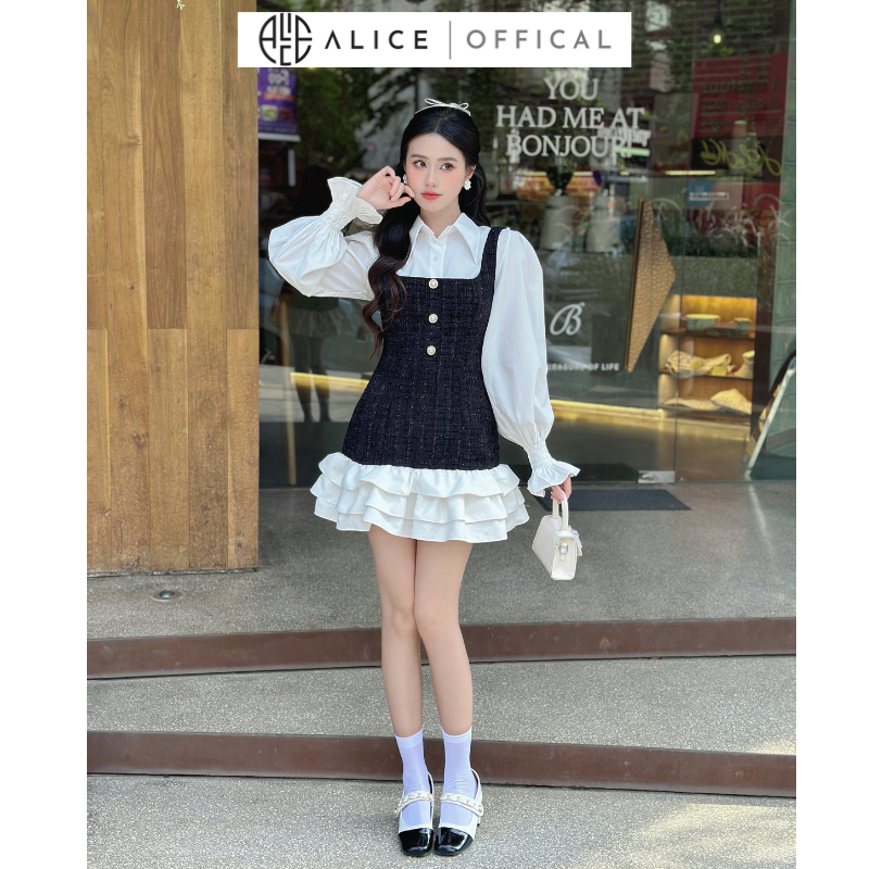 Ảnh Set Váy Dạ Tiểu Thư ALICE Set Dạ Tweed Thiết Kế Áo Sơ Mi Tay Bo Chun Kèm Yếm Dạ Bèo Tầng, Set Yếm Dạ Váy Dài Tay S430 2