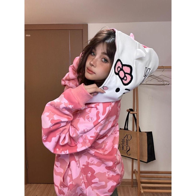Áo khoác mèo HELLO KITTY màu rằn ri siêu hot hit mũ mèo kéo được hết ...
