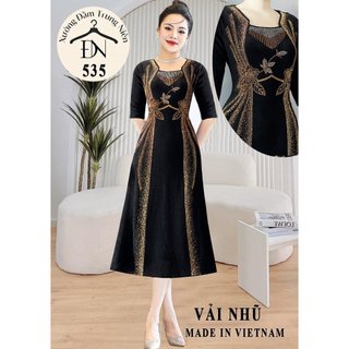 Đầm midi dạ hội trung niên chất nhũ kim sa co giãn cực tốt cho mẹ dự tiệc sang trọng bigsize 75KG M535