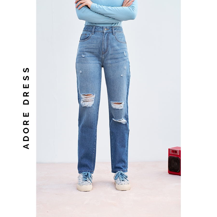 Ảnh Quần Mom fit jeans casual style dark grey và blue rách gối 313JE4001 ADORE DRESS 4