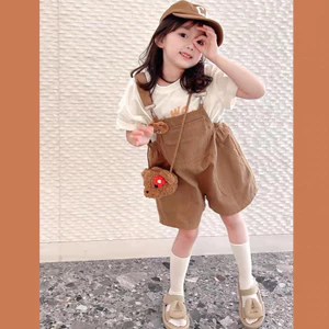 Bộ bé gái,Sét 4ct áo cotton + quần yếm kaki nâu tặng kèm túi gấu