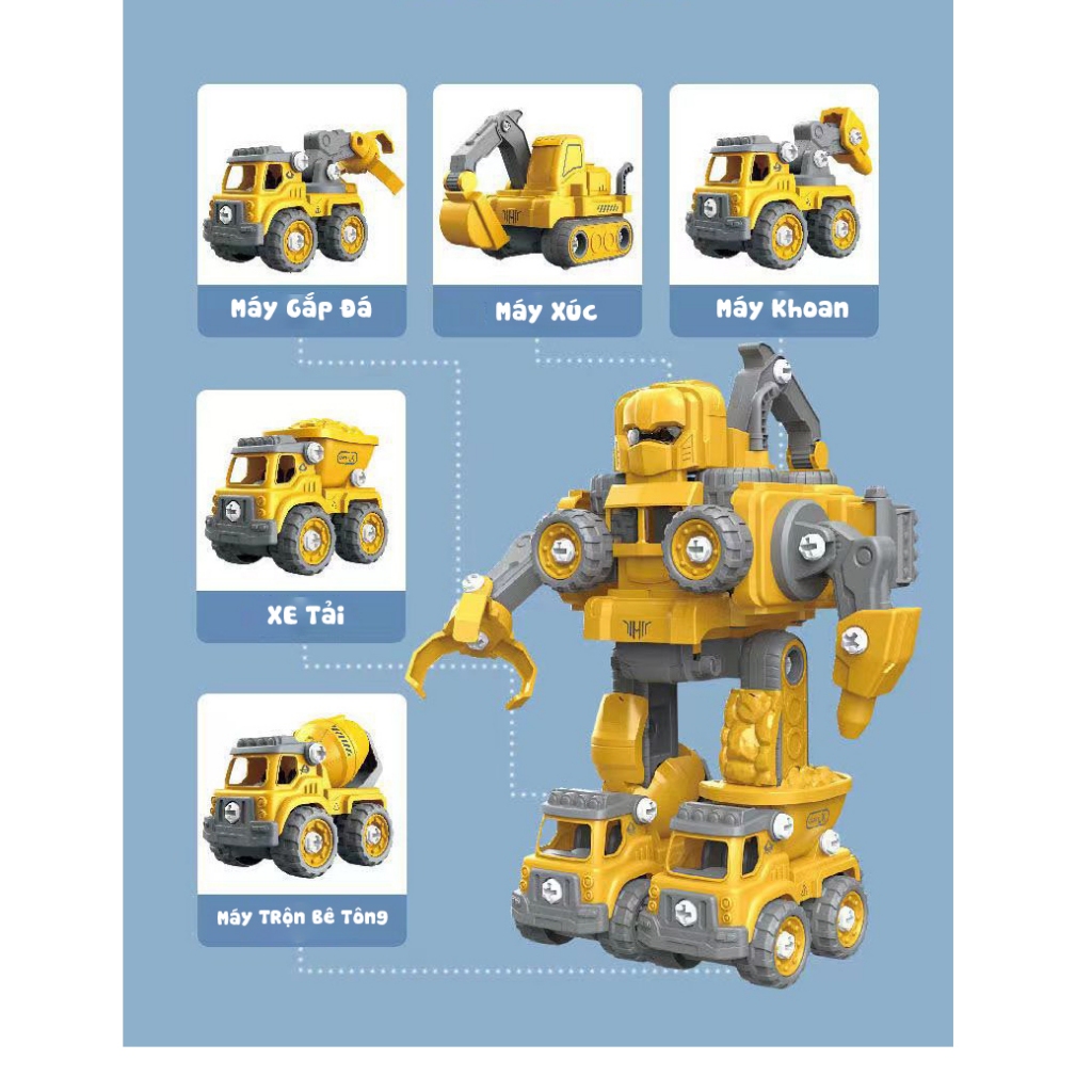 Bộ đồ chơi lắp ghép Robot biến hình,xe tải xe công trình 5in1,cho bé phát triển toàn diện.
