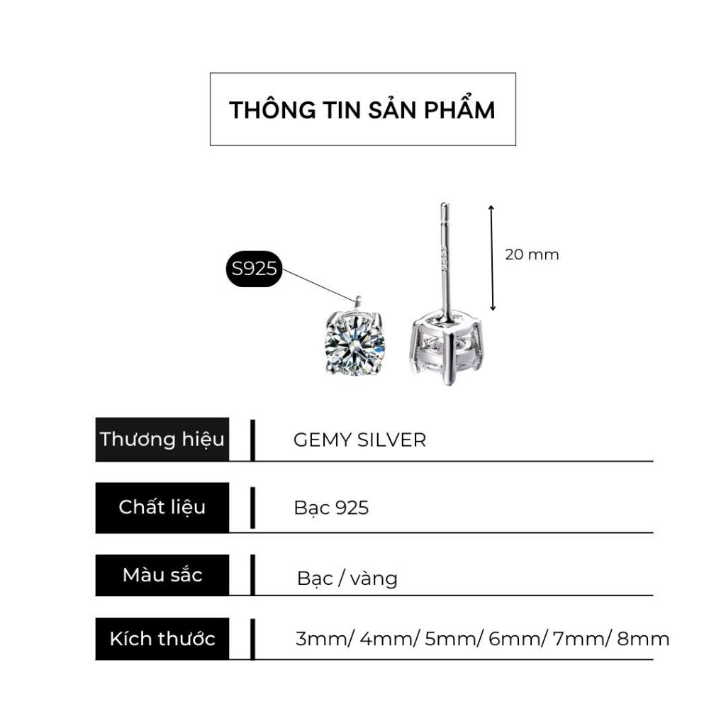 Khuyên tai nam nữ bạc 925 thanh thẳng ổ đá tròn 2 đơn giản unisex (1 chiếc) | GEMY SILVER KN103