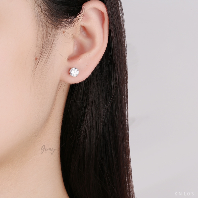 Khuyên tai nam nữ bạc 925 thanh thẳng ổ đá tròn 2 đơn giản unisex (1 chiếc) | GEMY SILVER KN103