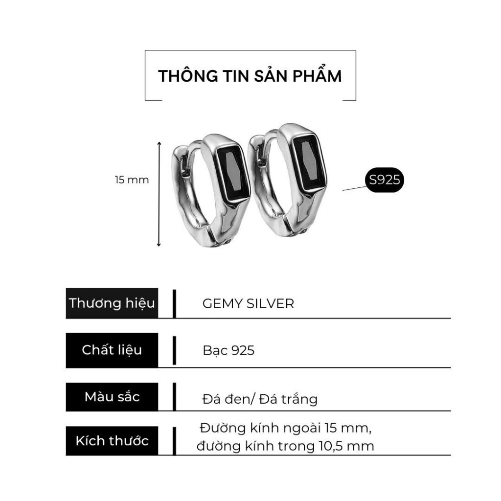 Khuyên tai nam bạc tròn s925 đá đen chữ nhật unisex, cá tính Robert (1 chiếc) | GEMY SILVER KN99