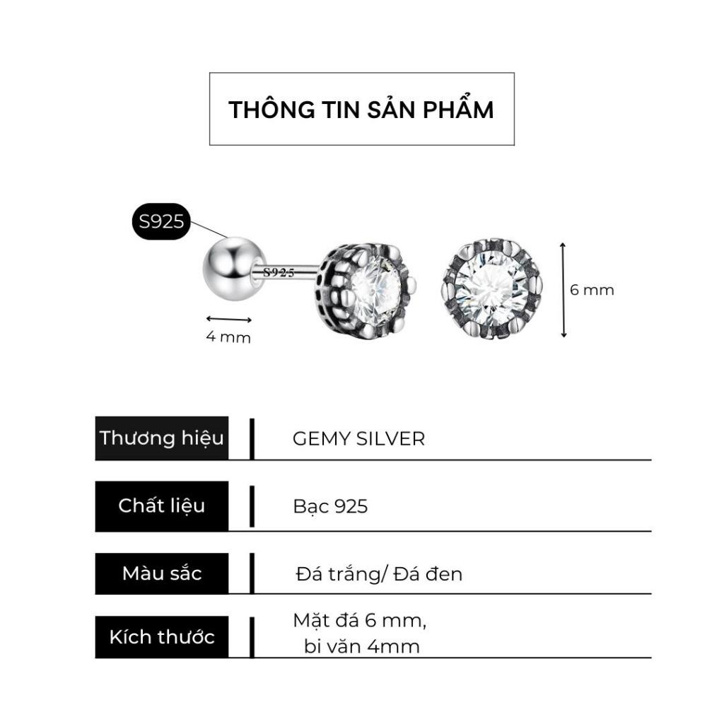 Khuyên tai nam bạc 925 mặt nụ đá chốt bi vặn đính đá đen trắng unisex Harry (1 chiếc) | GEMY SILVER KN97