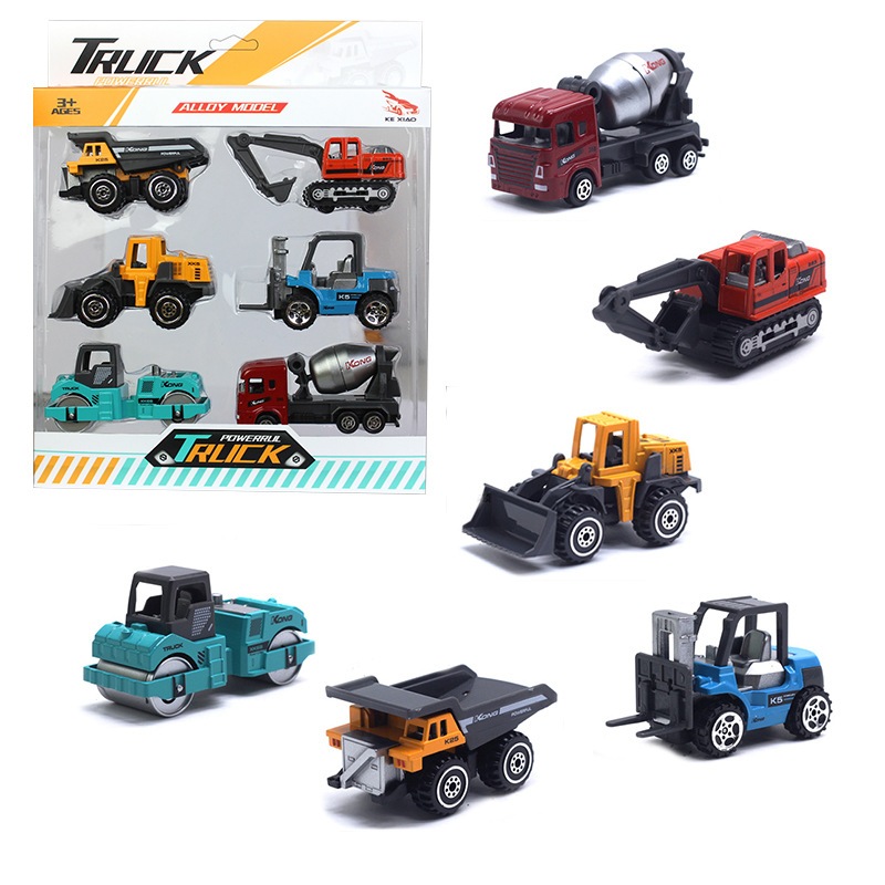 Set 6 Mô Hình Ô Tô Kim Loại Hợp Kim Công Trường - Tỷ Lệ 1:64, Có Thể Nâng Hạ, Có Khớp Chuyển Động
