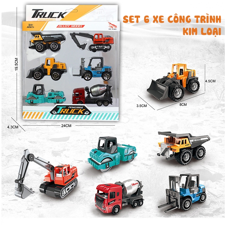 Set 6 Mô Hình Ô Tô Kim Loại Hợp Kim Công Trường - Tỷ Lệ 1:64, Có Thể Nâng Hạ, Có Khớp Chuyển Động
