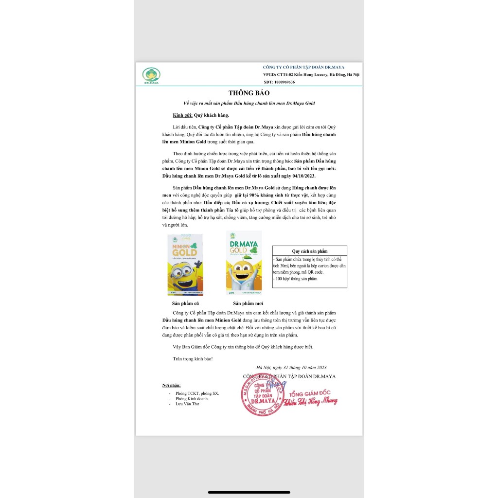 Ảnh Dầu húng chanh lên men Minion Gold Dr.Maya 30ml 2